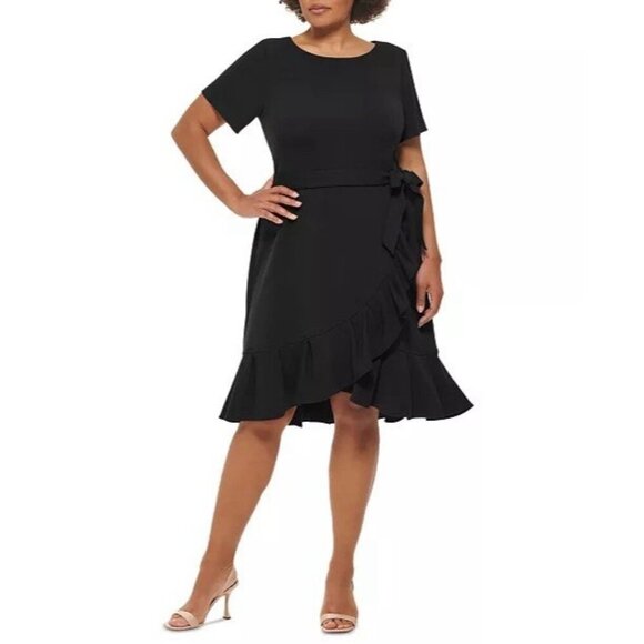 New Calvin Klein Plus Size 22W Black Ruffled Tulip-Hem Crepe Tie Belt Dress - Picture 1 of 9